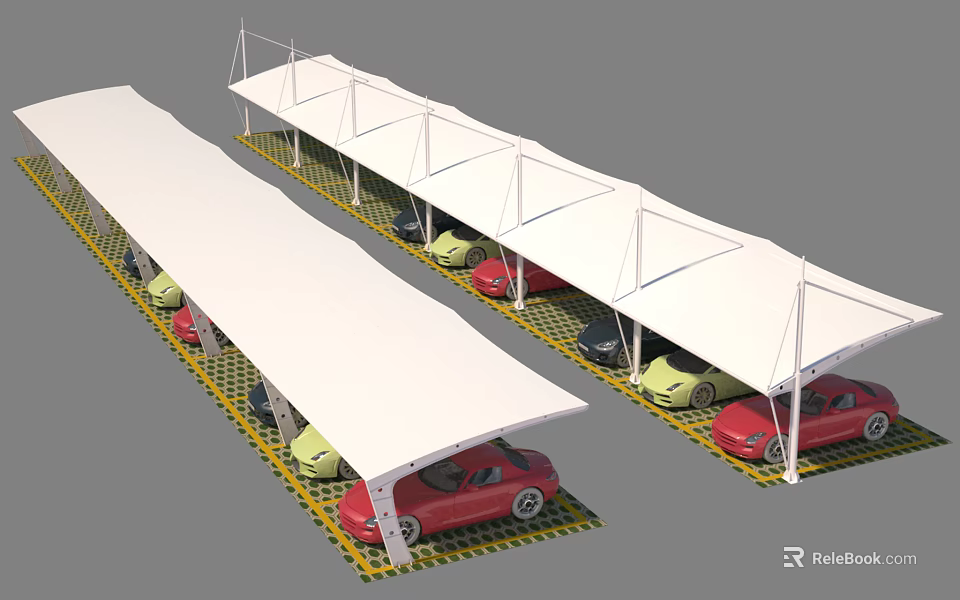 Row of White Car Parking Canopies for Vehicles on Grid Patterned Ground 3d model 