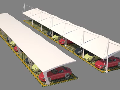 Row of White Car Parking Canopies for Vehicles on Grid Patterned Ground 3d model