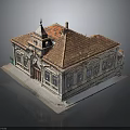 Classical Style Building Model With Sloped Red Tile Roof Stone Exterior Windows And Door