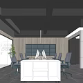 Modern Office Interior Design With Striped Gray And White Walls And Office Desk