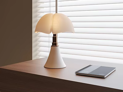 Modern White Table Lamp With Cone Base Dome Shade On Wooden Table By Window Blinds 3d model