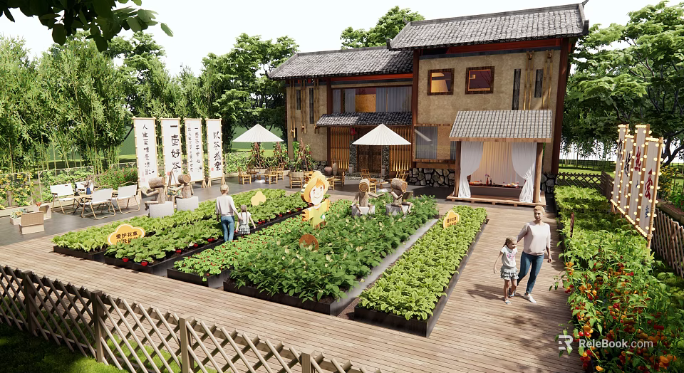 Traditional Chinese Garden with Vegetable Beds Wooden Walkway Umbrellas Tables and People Walking 3d model 
