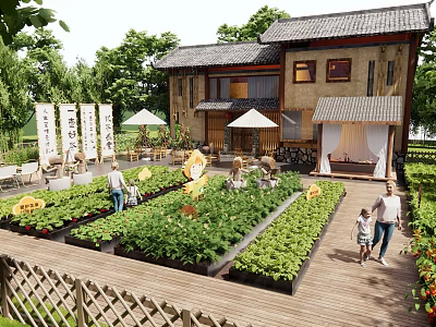 Traditional Chinese Garden with Vegetable Beds Wooden Walkway Umbrellas Tables and People Walking 3d model