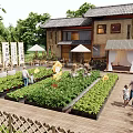 Traditional Chinese Garden with Vegetable Beds Wooden Walkway Umbrellas Tables and People Walking