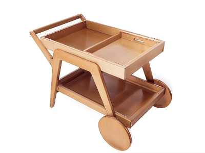 Public Facility Wooden Service Cart With Two Tier Shelves Handle And Wheels 3d model
