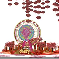 Floral Display Featuring Ferris Wheel Red Lanterns and Cherry Blossom Trees on Pink Background