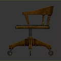 Classic Wooden Office Chair With Curved Armrests Green Plaid Cushion And Wheeled Base