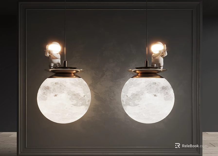 Illuminated Moon Surface Pendant Lights With Metallic Top On Dark Decorative Wall Background 3d model 