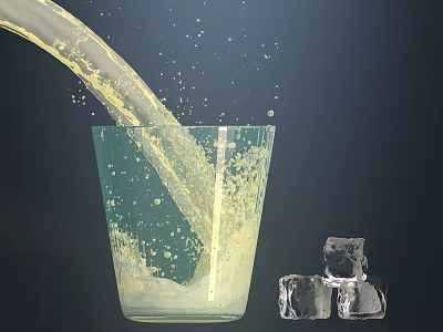 Transparent Glass With Pouring Yellow Liquid Splashing And Ice Cubes Beside 3d model