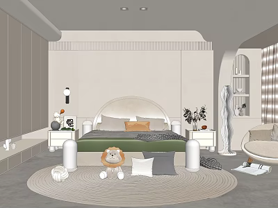 Cozy Kids Bedroom Interior Design With Green Bed Stuffed Lion Toys And Round Rug 3d model