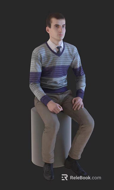 Man Sitting On Gray Cylinder In Striped Sweater And Khaki Pants With Black Background 3d model 