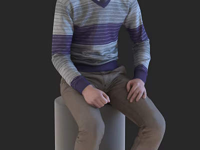 Man Sitting On Gray Cylinder In Striped Sweater And Khaki Pants With Black Background 3d model