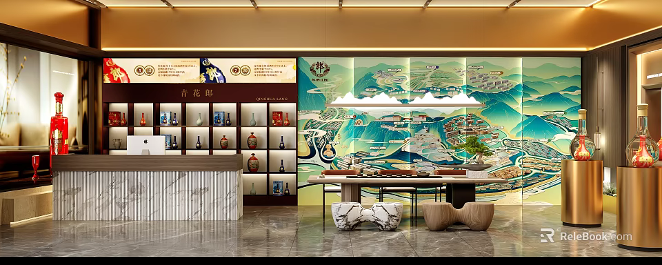 Blue and White Porcelain Specialty Store Interior With Display Shelves Marble Counter And Decorative Mural 3d model 