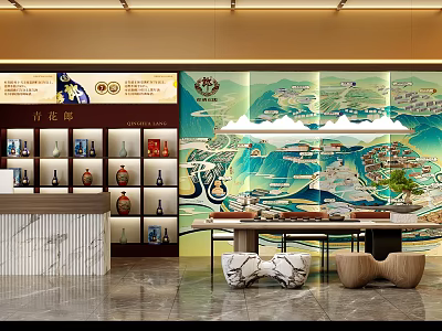 Blue and White Porcelain Specialty Store Interior With Display Shelves Marble Counter And Decorative Mural 3d model
