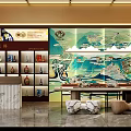 Blue and White Porcelain Specialty Store Interior With Display Shelves Marble Counter And Decorative Mural