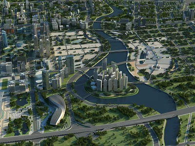 Aerial Planning of Modern City with River High Rise Buildings and Green Spaces 3d model
