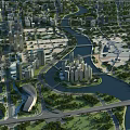 Aerial Planning of Modern City with River High Rise Buildings and Green Spaces