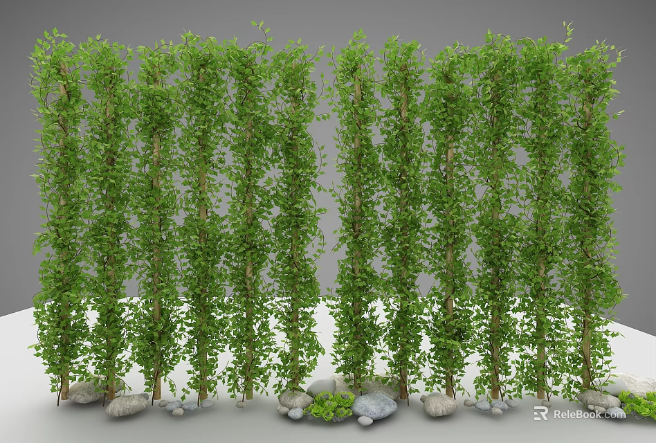 Green Vines Forming Decorative Screen Structure With Lush Foliage And Stones At Bottom 3d model 