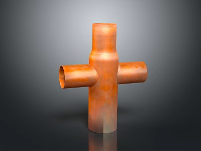 Cross Shaped Copper Pipe Fitting With Orange Finish And Four Ports 3d model