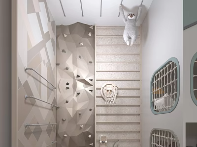 Kindergarten Interior With Polygonal Climbing Wall Staircase Hanging Sloth Toy And Net Windows 3d model