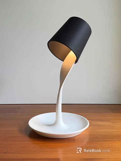 Modern Table Lamp with Black Shade White Curved Stem and White Base on Wooden Tabletop 3d model 