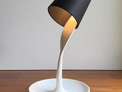Modern Table Lamp with Black Shade White Curved Stem and White Base on Wooden Tabletop 3d model