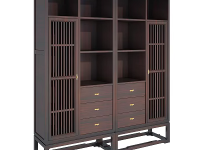 Dark Wood Bookcase With Lattice Doors Drawers And Wooden Legs 3d model