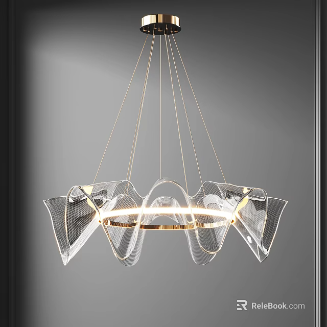 Modern Transparent Glass Chandelier With Petal Shaped Design And Golden Ring 3d model 