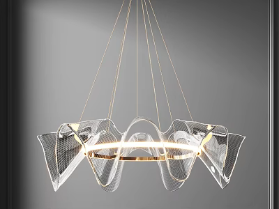 Modern Transparent Glass Chandelier With Petal Shaped Design And Golden Ring 3d model