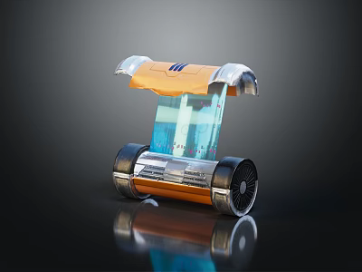 Smart Machine Featuring Orange Silver Design Transparent Display Screen And Rolling Wheels 3d model
