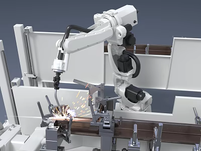 Industrial Robotic Arm Welding Metal Components With Sparks In Factory Setting 3d model