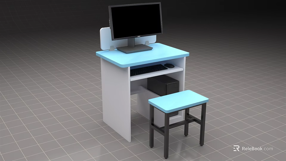 Office Desk With Light Blue Top White Frame Computer Monitor CPU And Black Legs Stool 3d model 