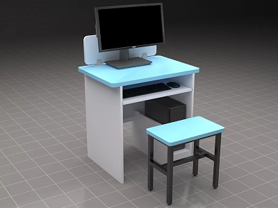 Office Desk With Light Blue Top White Frame Computer Monitor CPU And Black Legs Stool 3d model