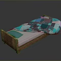 Wooden Bed with White Mattress and Turquoise Patchwork Quilt and Blue Pillow