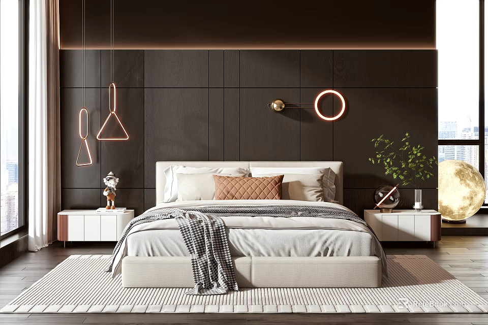 Modern Bedroom Interior With Double Bed Dark Wooden Wall Decorative Lights And Green Plants 3d model 