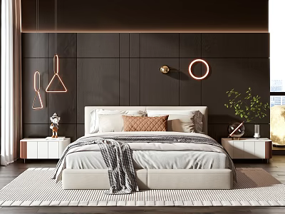 Modern Bedroom Interior With Double Bed Dark Wooden Wall Decorative Lights And Green Plants 3d model