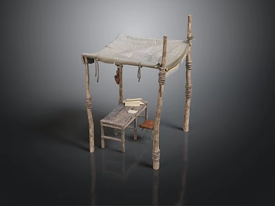 Rustic Scene Structure With Wooden Poles Canvas Canopy And Wooden Bench 3d model