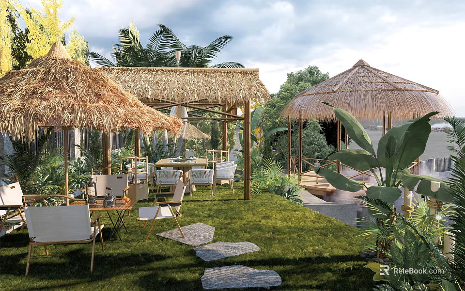 Camping Site Featuring Thatched Pavilions Outdoor Seating Greenery Stone Path And Grass Lawn 3d model 