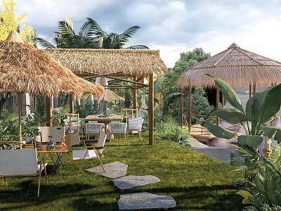 Camping Site Featuring Thatched Pavilions Outdoor Seating Greenery Stone Path And Grass Lawn 3d model