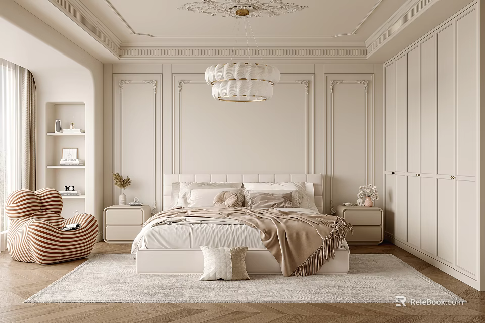 Elegant Modern Bedroom Interior With Upholstered Headboard Nightstands Chandelier And Wainscoting Walls 3d model 