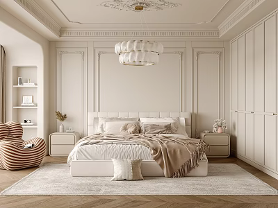Elegant Modern Bedroom Interior With Upholstered Headboard Nightstands Chandelier And Wainscoting Walls 3d model