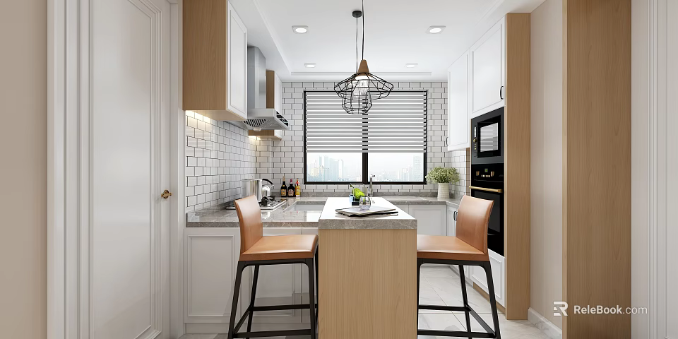 Modern Kitchen Interior With Island Countertop White And Wooden Cabinets Pendant Light And Chairs 3d model 
