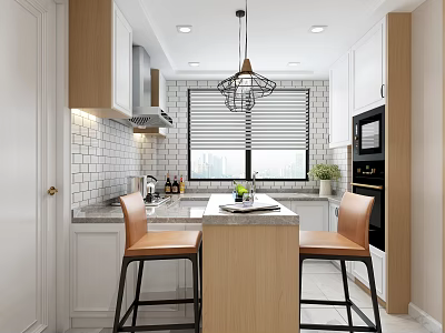 Modern Kitchen Interior With Island Countertop White And Wooden Cabinets Pendant Light And Chairs 3d model