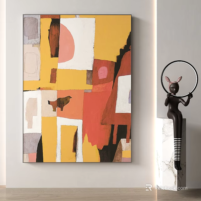 Abstract Art Painting With Geometric Color Blocks And Decorative Figurine On Marble Base 3d model