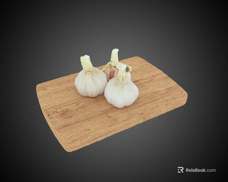 Fresh Garlic Bulbs Placed On Wooden Cutting Board In Kitchen Setting 3d model 