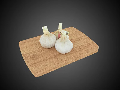 Fresh Garlic Bulbs Placed On Wooden Cutting Board In Kitchen Setting 3d model