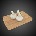 Fresh Garlic Bulbs Placed On Wooden Cutting Board In Kitchen Setting