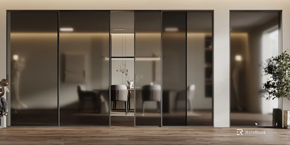 Modern Glass Sliding Doors With Black Frames For Elegant Interior Dining Space 3d model 