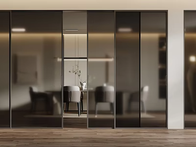 Modern Glass Sliding Doors With Black Frames For Elegant Interior Dining Space 3d model