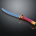 Ornate Weapon With Blue Blade Red Handle Gold Accents And Green Gemstone